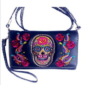 Multi Functional Western Sugar Skull Trifold Clutch Crossbody Wallet